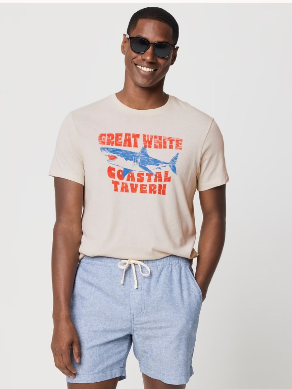 J. Crew Factory Great white graphic tee - Stone with Red and Blue Shark Graphic